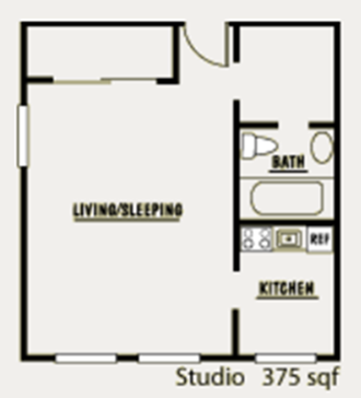 Floor plan for studio, 1 bath, 225 sqft